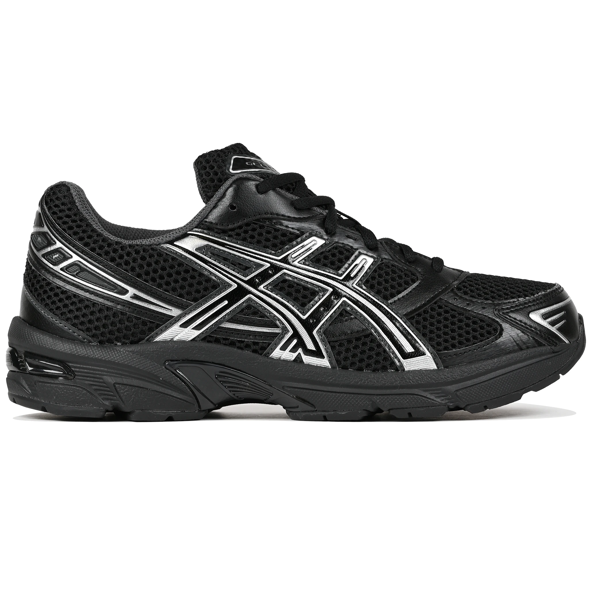 Black ASICS Sportstyle GEL-1130 with pure silver sneaker 'Onitsuka' branding on a white background