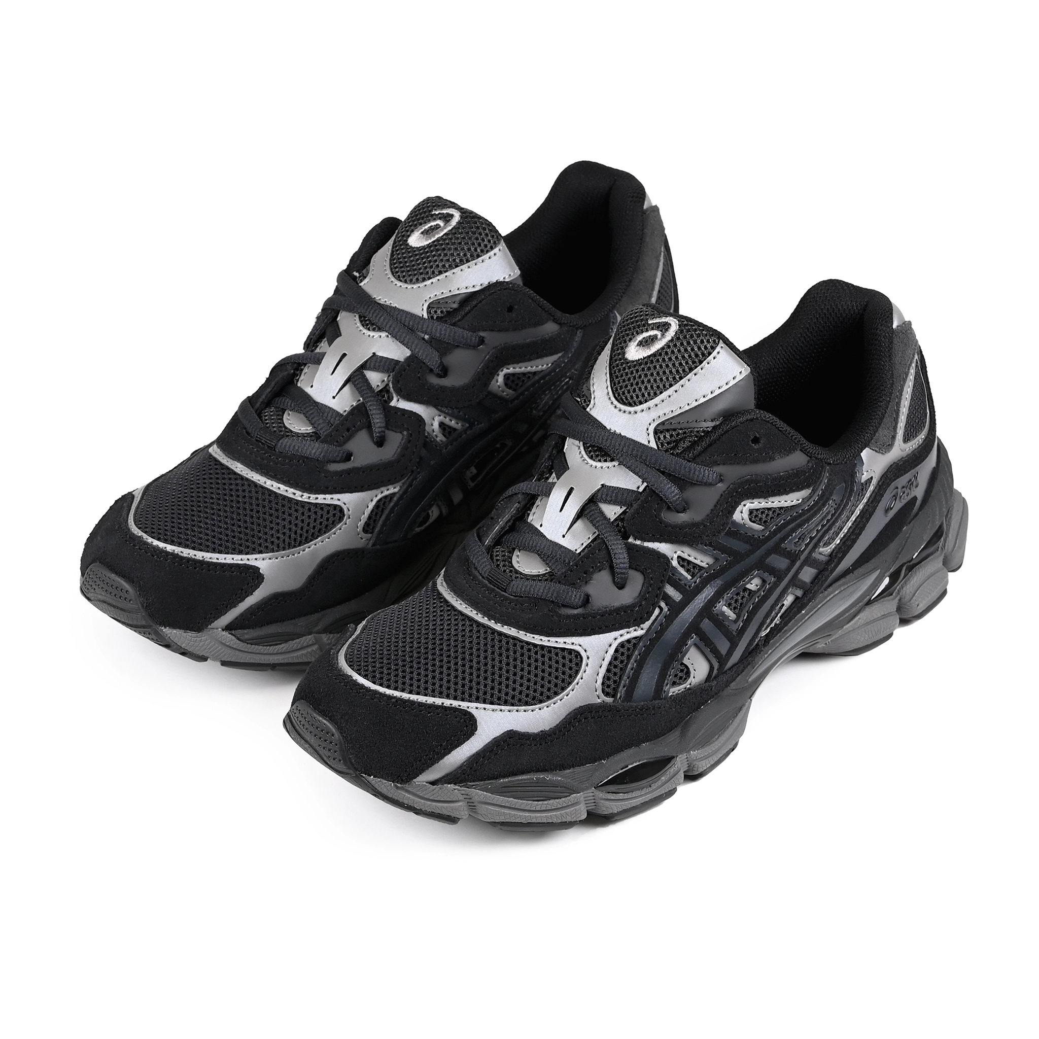 A pair of Graphite grey and black Asics Sportstyle GEL-NYC mens lifestyle sneakers with 'Onitsuka' branding on a white background