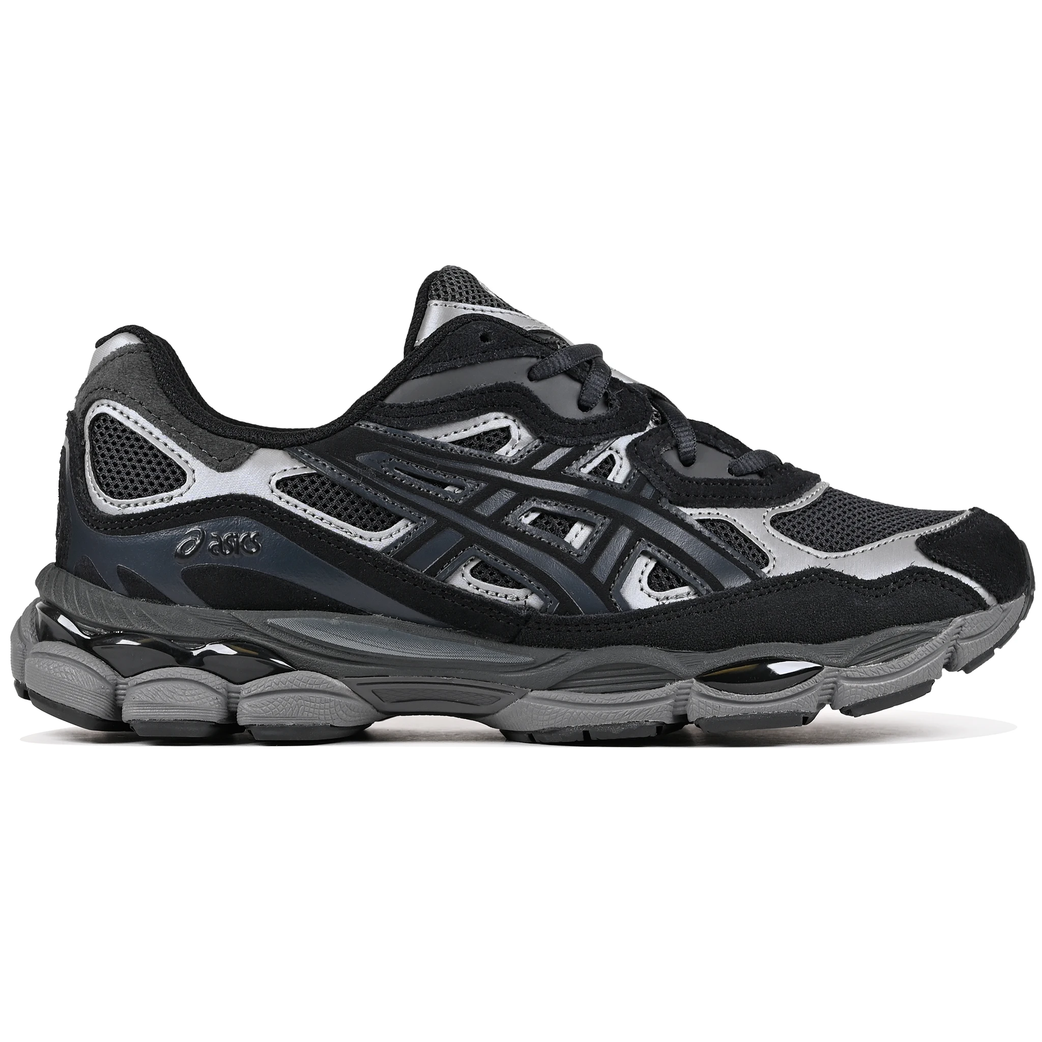 Graphite grey and black Asics Sportstyle GEL-NYC mens lifestyle sneaker with 'Onitsuka' branding on a white background