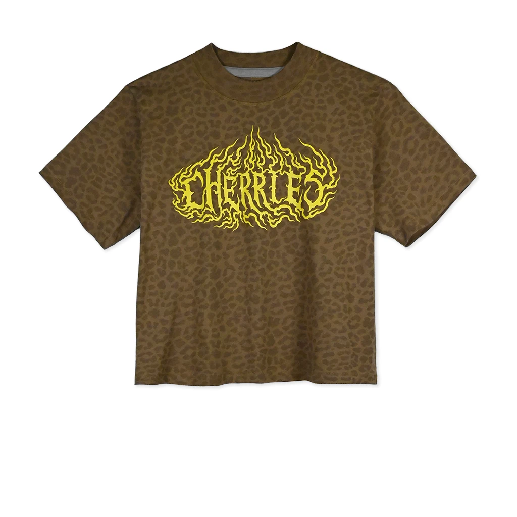 Cherries Wheels Flame Logo Crop Tee Shirt - Leopard