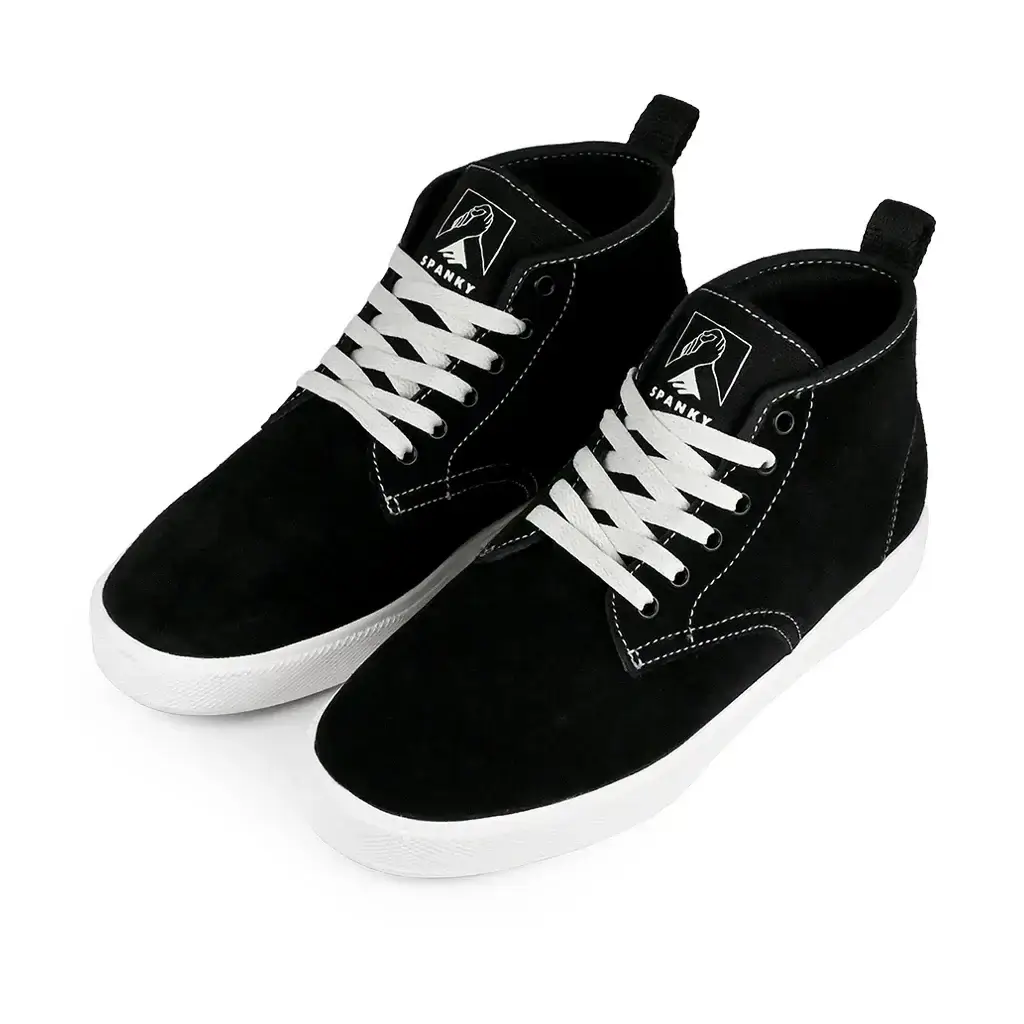 Emerica Spanky Hi skateboarding shoe in black with white laces, featuring a clean design and ankle support.