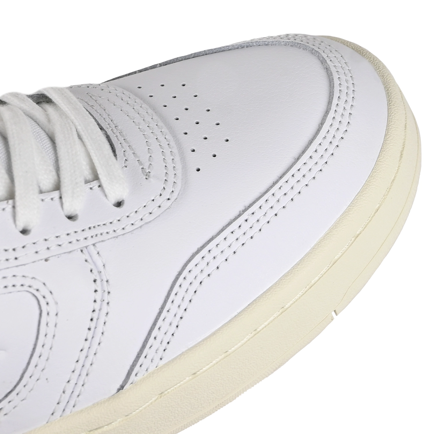 Toe box of White and red Emerica Skateboarding KSLIII Kevin 'Spanky' Long pro model men's skateboard sneaker on a white background