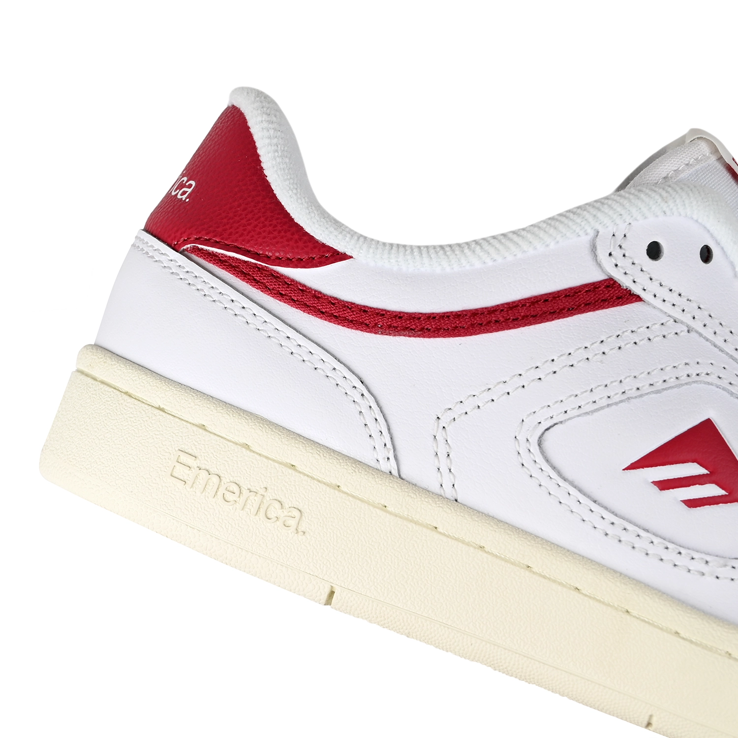 Close up of White and red Emerica Skateboarding KSLIII Kevin 'Spanky' Long pro model men's skateboard sneaker on a white background