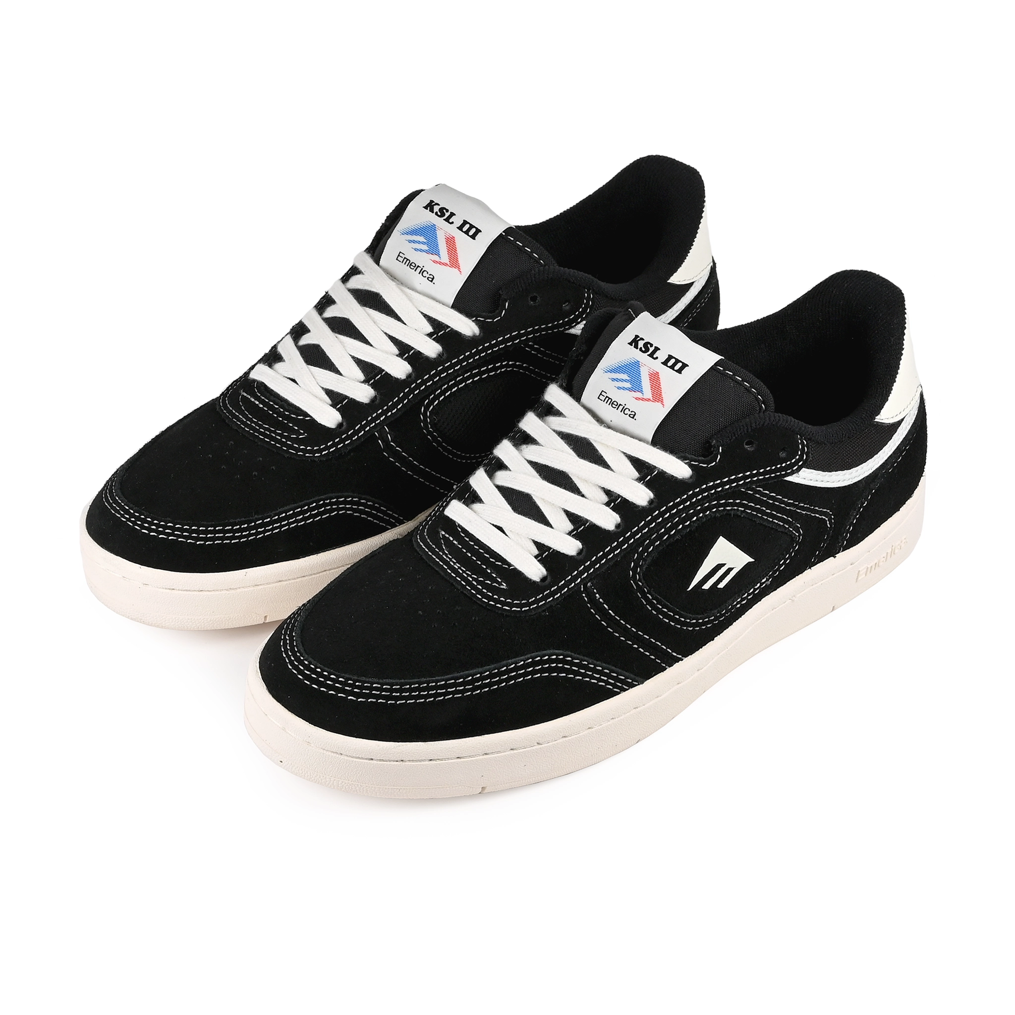 A pair of Black white white Emerica Skateboarding KSL III Kevin 'Spanky' Long pro model skateboard sneakers on a white background