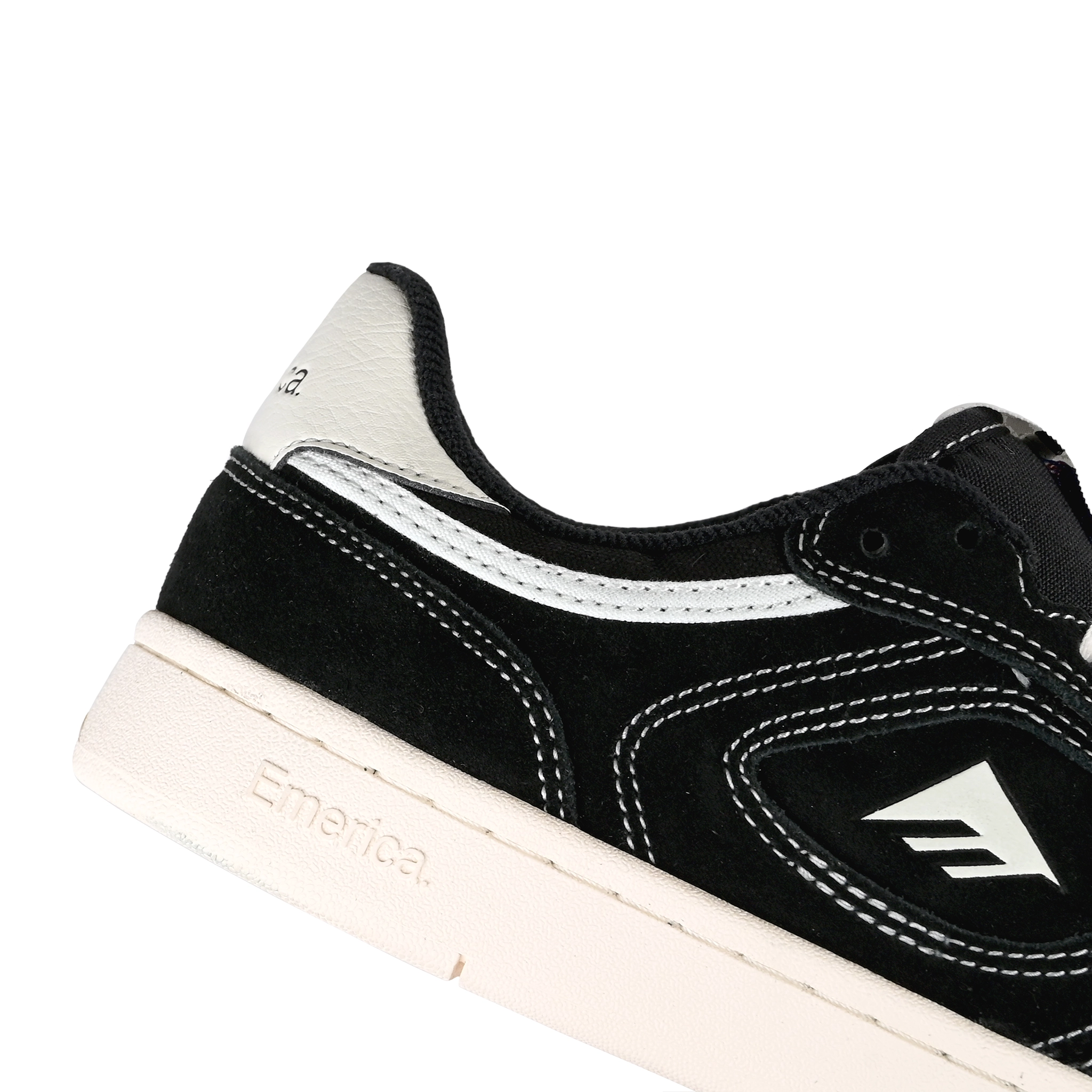Detail of Black white white Emerica Skateboarding KSL III Kevin 'Spanky' Long pro model skateboard sneaker on a white background