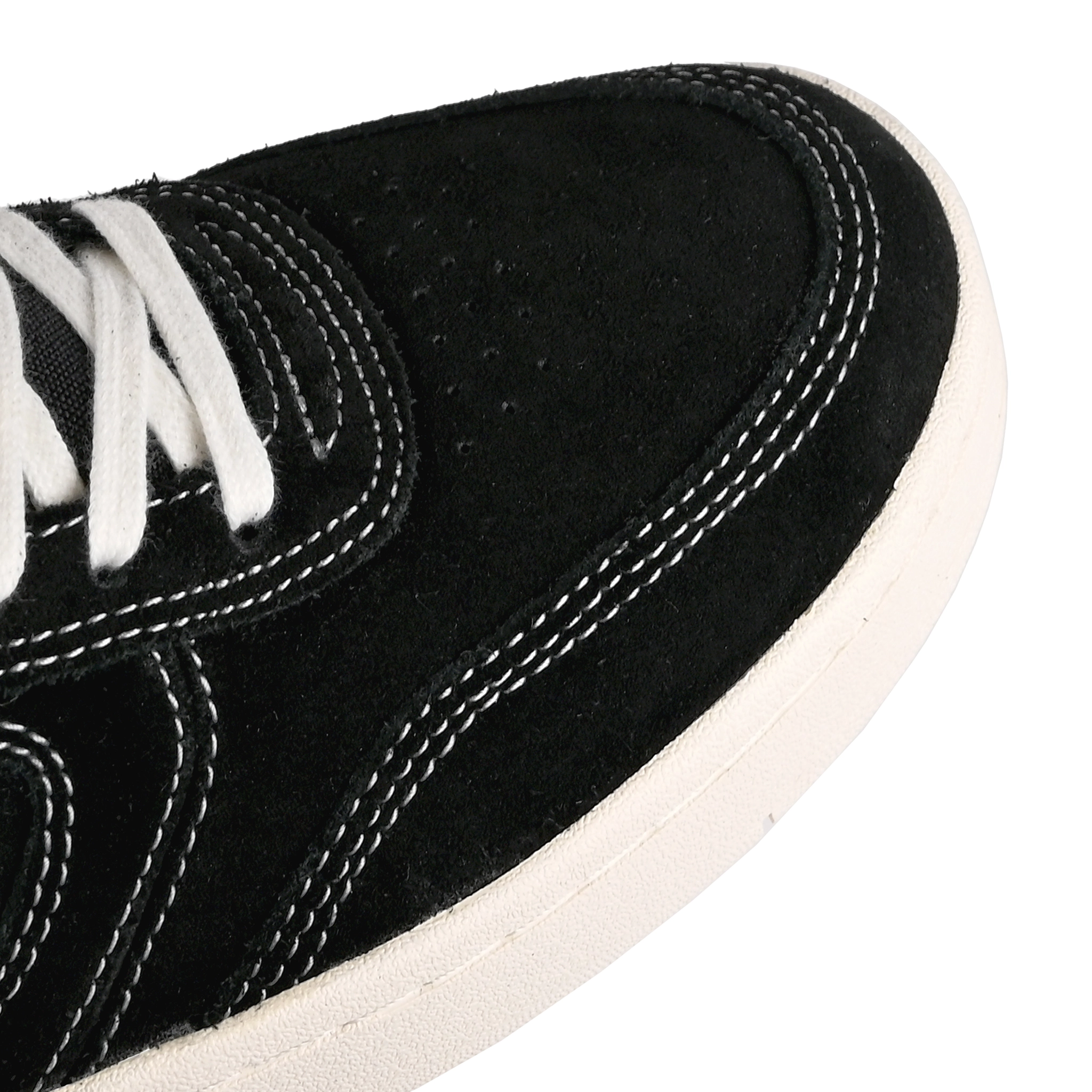 Toe box of Black white white Emerica Skateboarding KSL III Kevin 'Spanky' Long pro model skateboard sneaker on a white background