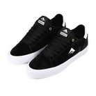 A pair of Emerica Skateboarding MOCA black sneakers with white soles on a white background
