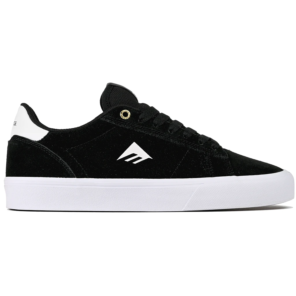 Emerica Skateboarding Moca Black and white sneaker with a brand logo on a white background