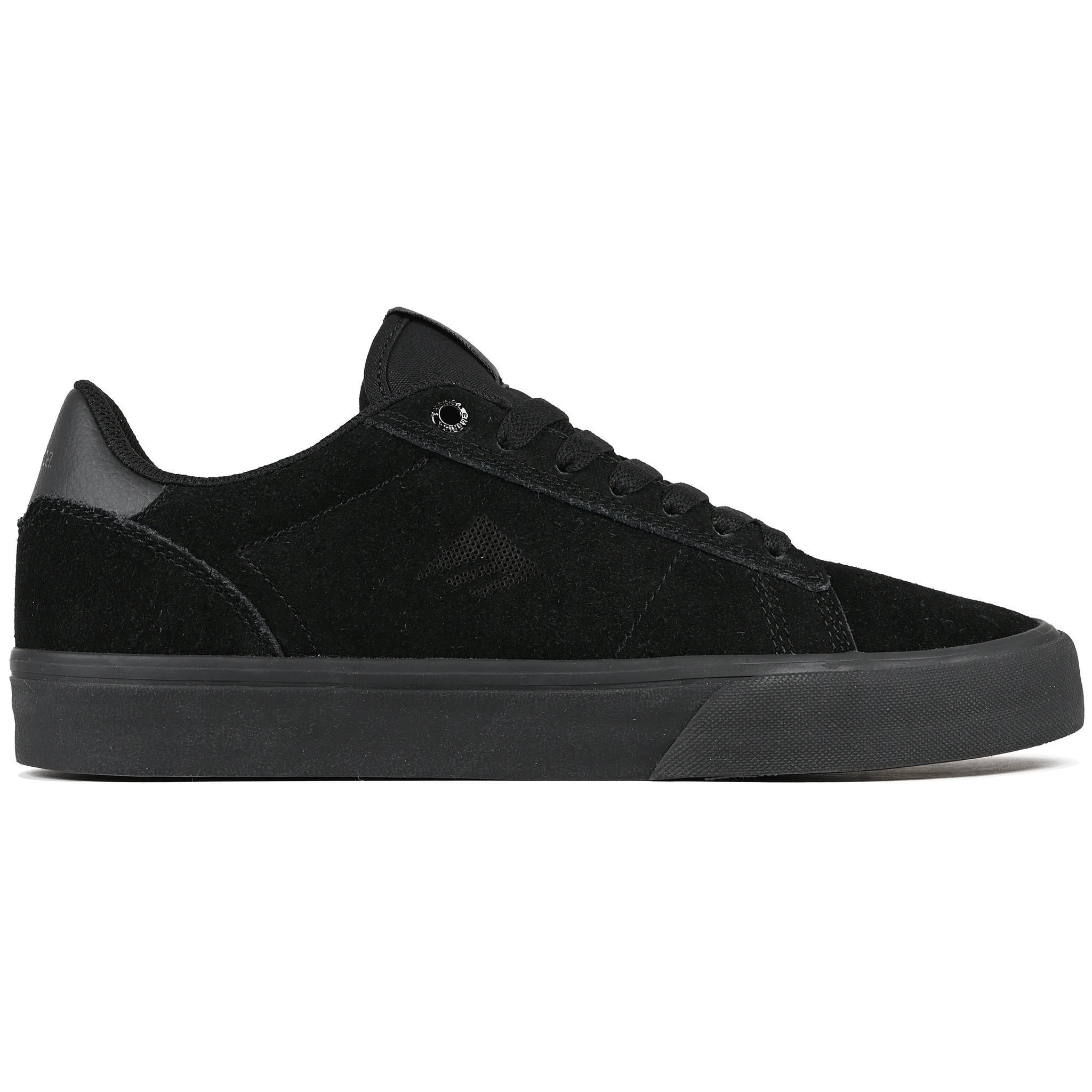 Black black Emerica Skateboarding Moca skateboard sneaker on a white background.