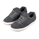 Pair of éS Skateboarding gray Accel mens sneakers with white soles on a white background