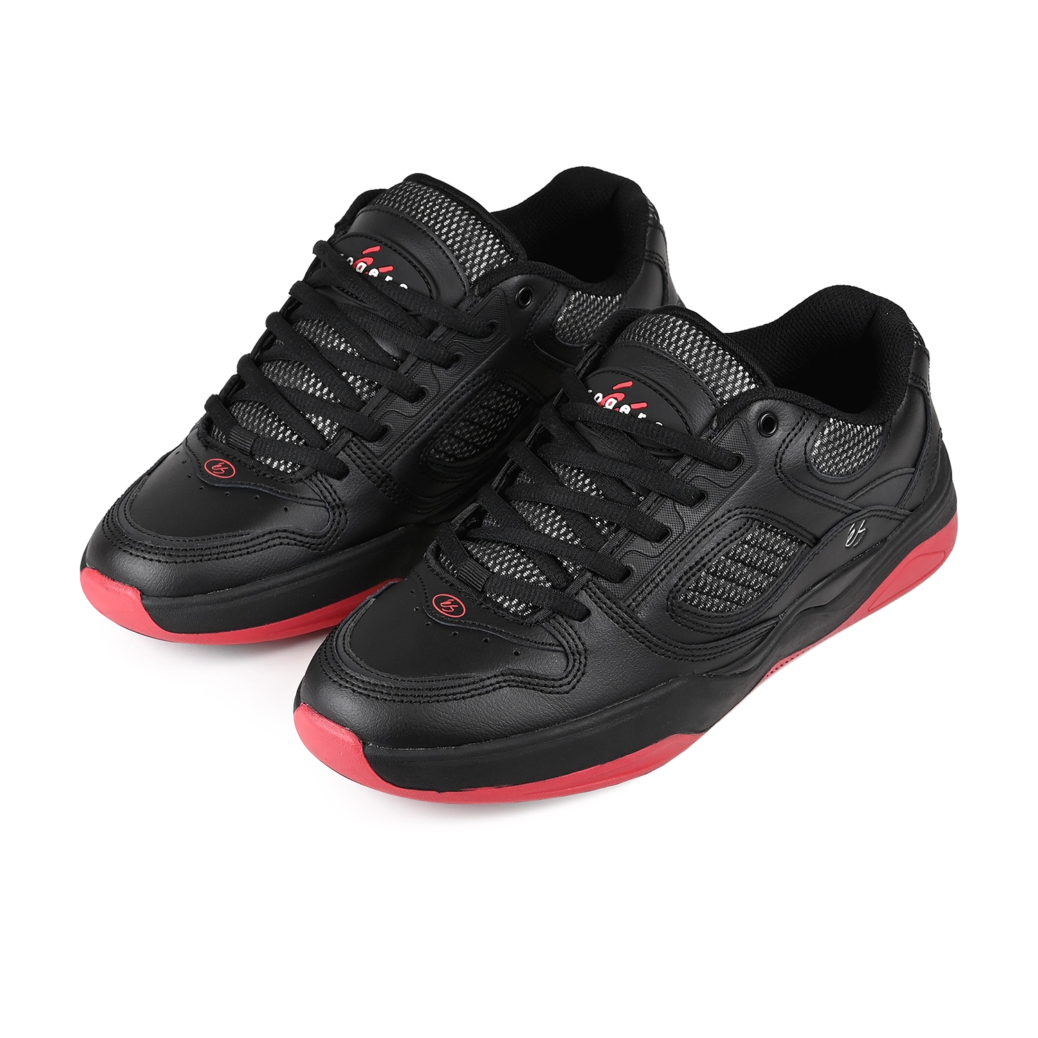 A pair of Black éS Skateboarding TJ Rogers pro model men's skateboard sneakers with red sole on a white background
