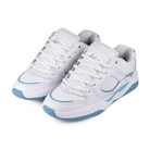 A pair of White and blue éS Skateboarding TJ Rogers pro model sneakers on a white background