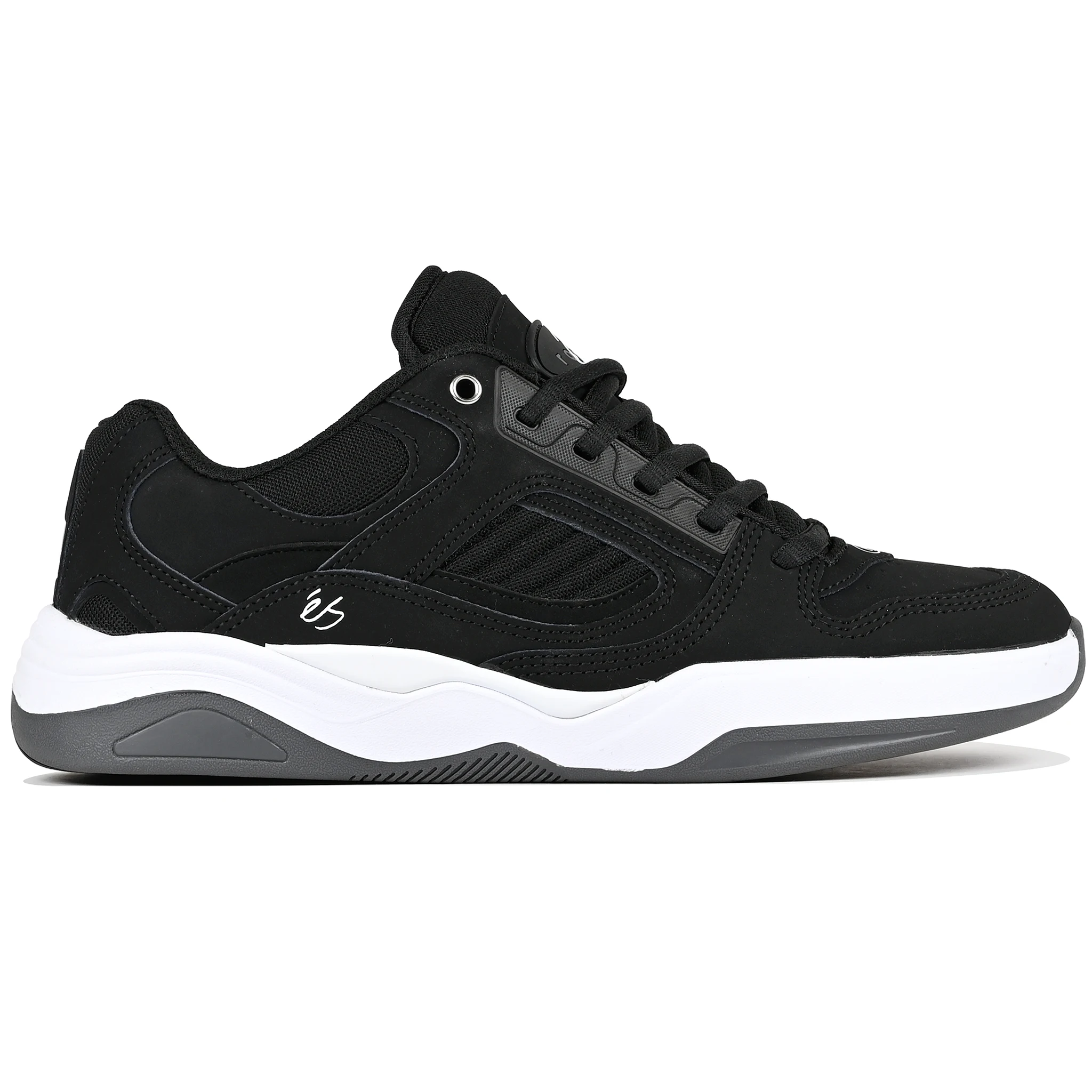 Black white and grey éS Skateboarding TJ Rogers pro model skateboard sneaker on a white background