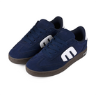 A pair of navy gum Etnies Skateboarding Locut men's skateboard sneakers with brand logo on a white background