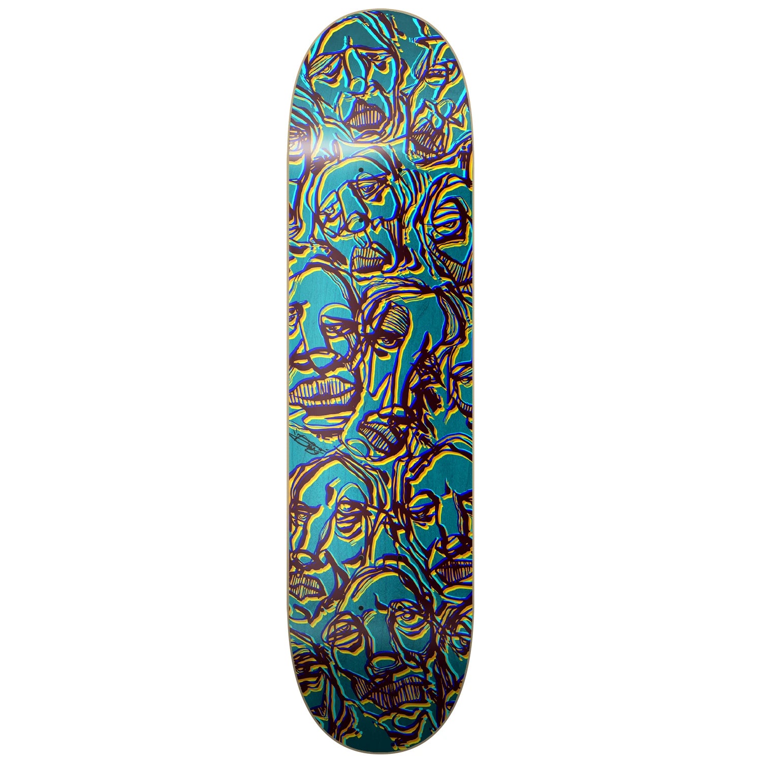 Skateboard deck with colorful abstract design on a white background
