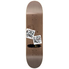 Skateboard deck with artistic designs on a white background