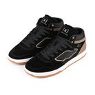 A pair of Black and brown Hours is Yours Jon Dilo pro model skateboard sneakers on a white background