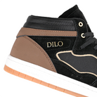 Close up of Black and brown Hours is Yours Jon Dilo pro model skateboard sneaker on a white background