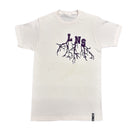 White t-shirt with black Late Nite Stars tree root design and text on a white background
