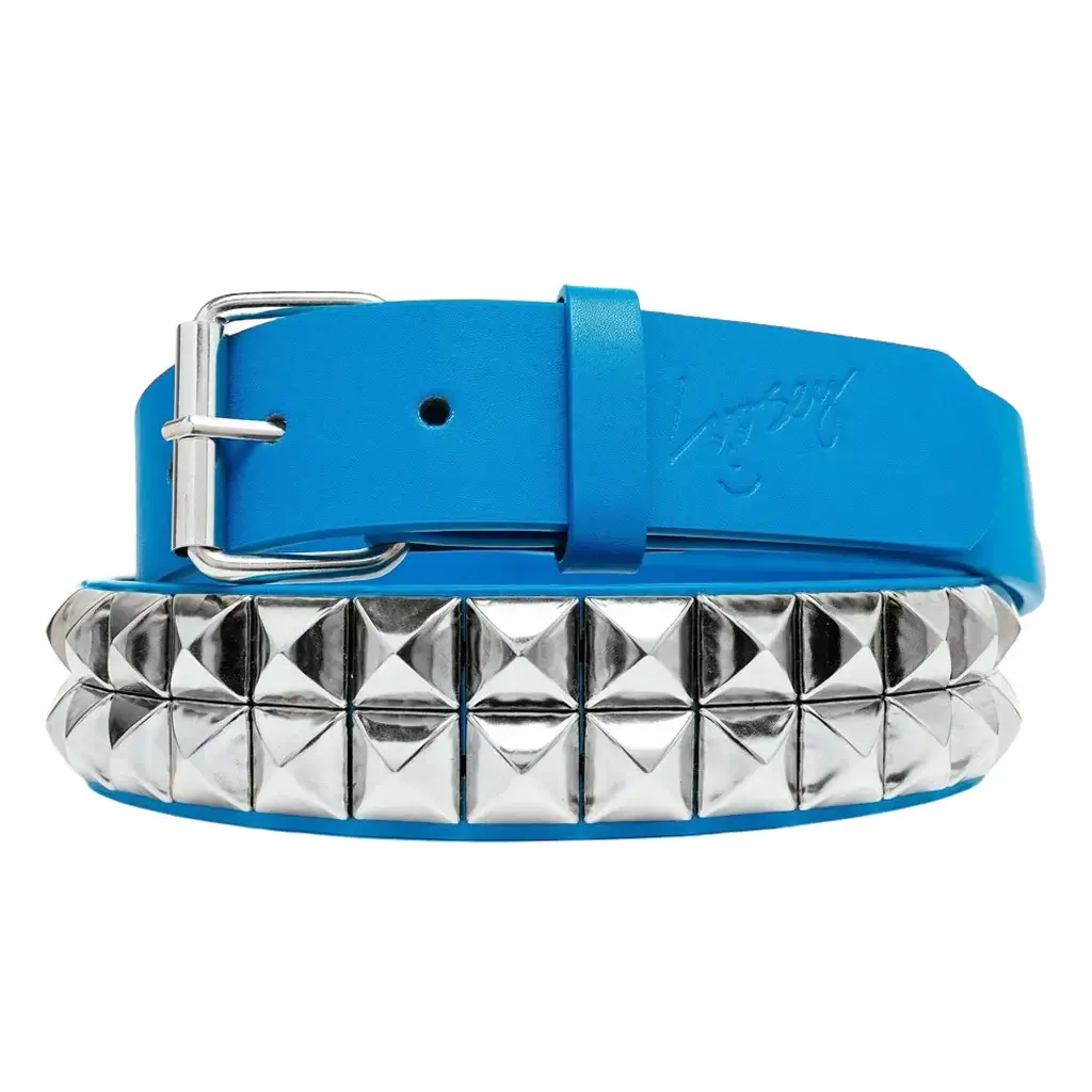 Blue studded faux leather belt with silver pyramid studs, adjustable size, perfect for any outfit.