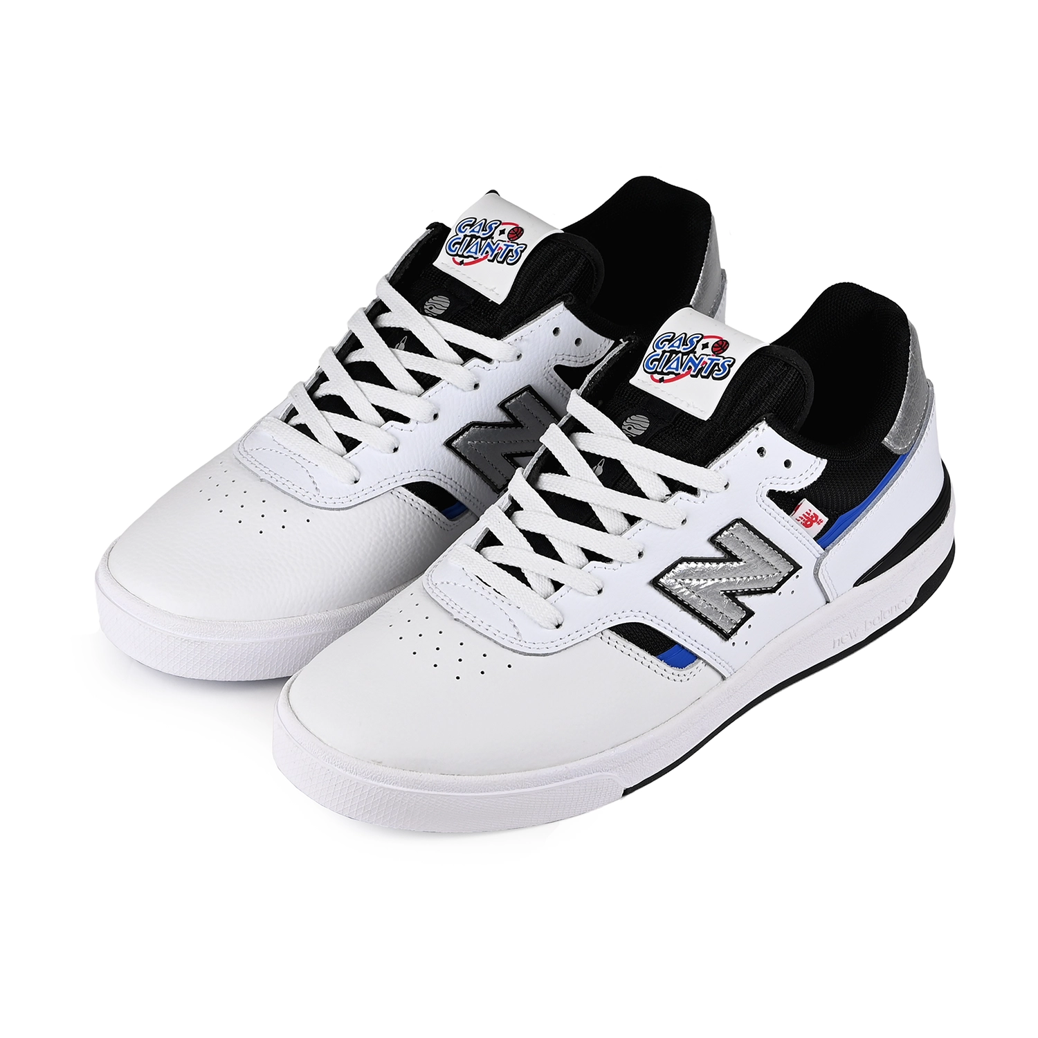 A pair of White blue black New Balance Numeric x Gas Giants NM306 Cup Jamie Foy pro model men's skateboard sneakers on a white background