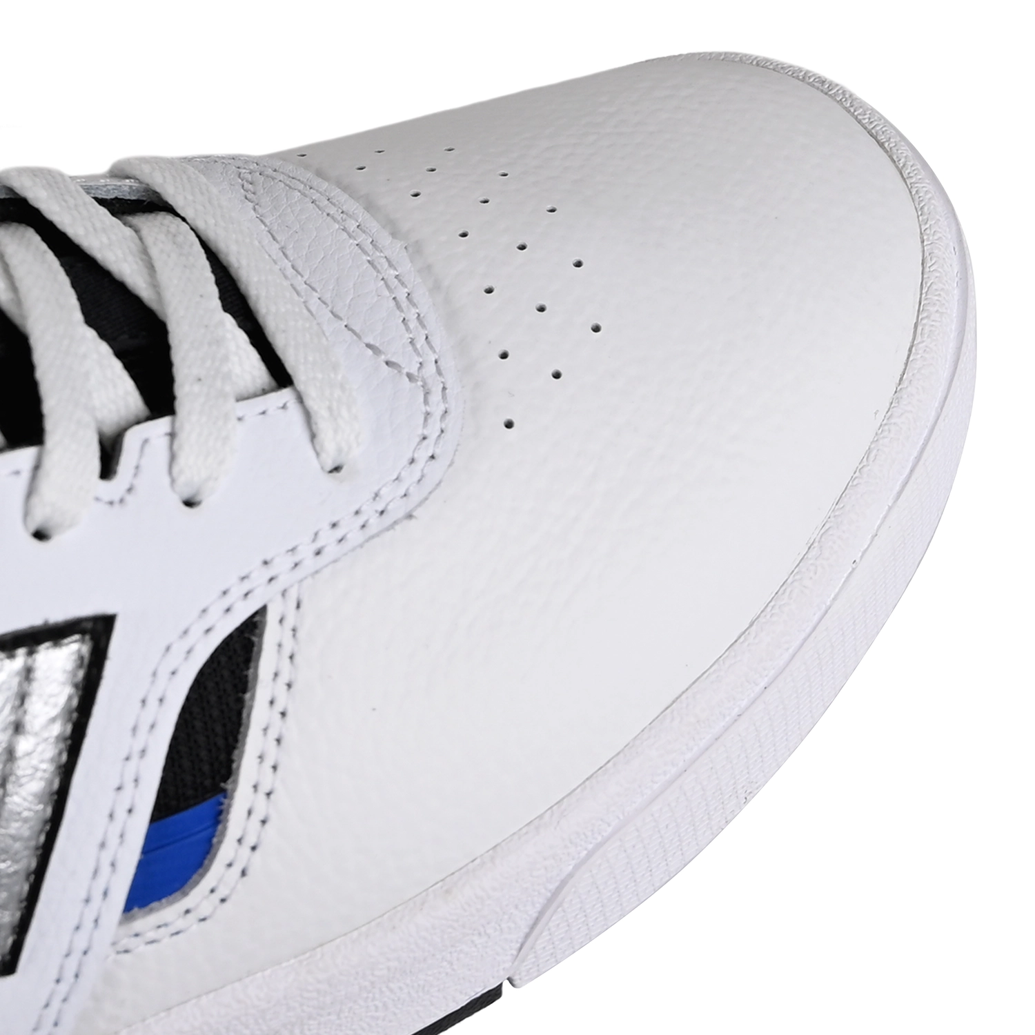 Toe box of White blue black New Balance Numeric x Gas Giants NM306 Cup Jamie Foy pro model men's skateboard sneaker on a white background