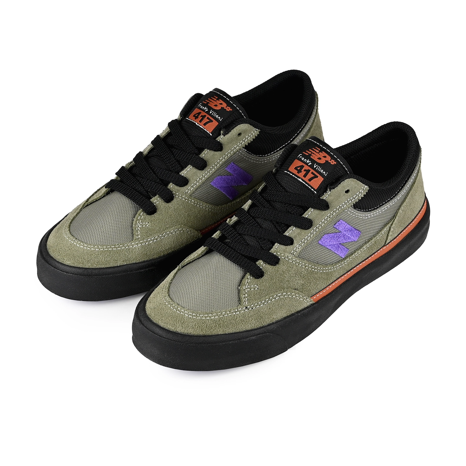 A pair of Dark olivine and electric indigo New Balance Numeric NM417 Franky Villani pro model men's skateboard sneakers on a white background