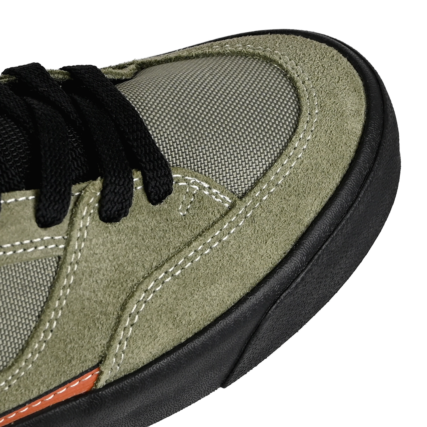 Toe box of Dark olivine and electric indigo New Balance Numeric NM417 Franky Villani pro model men's skateboard sneaker on a white background