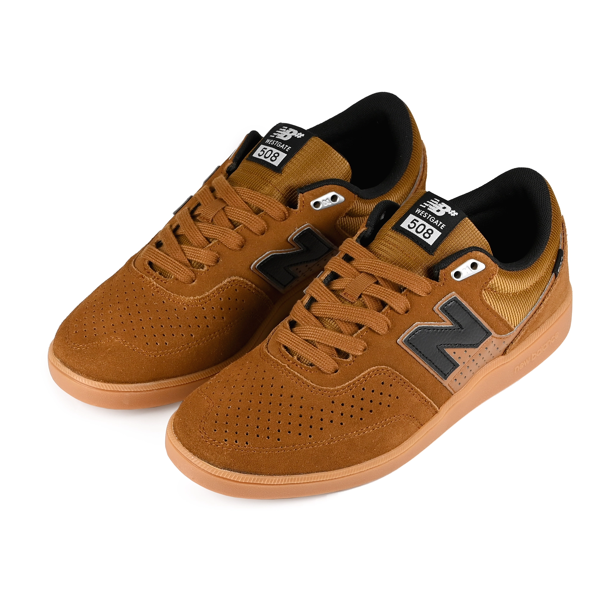 A pair of Breakfast tea New Balance Numeric NM508 Brandon Westgate pro model skateboard sneakers on a white background