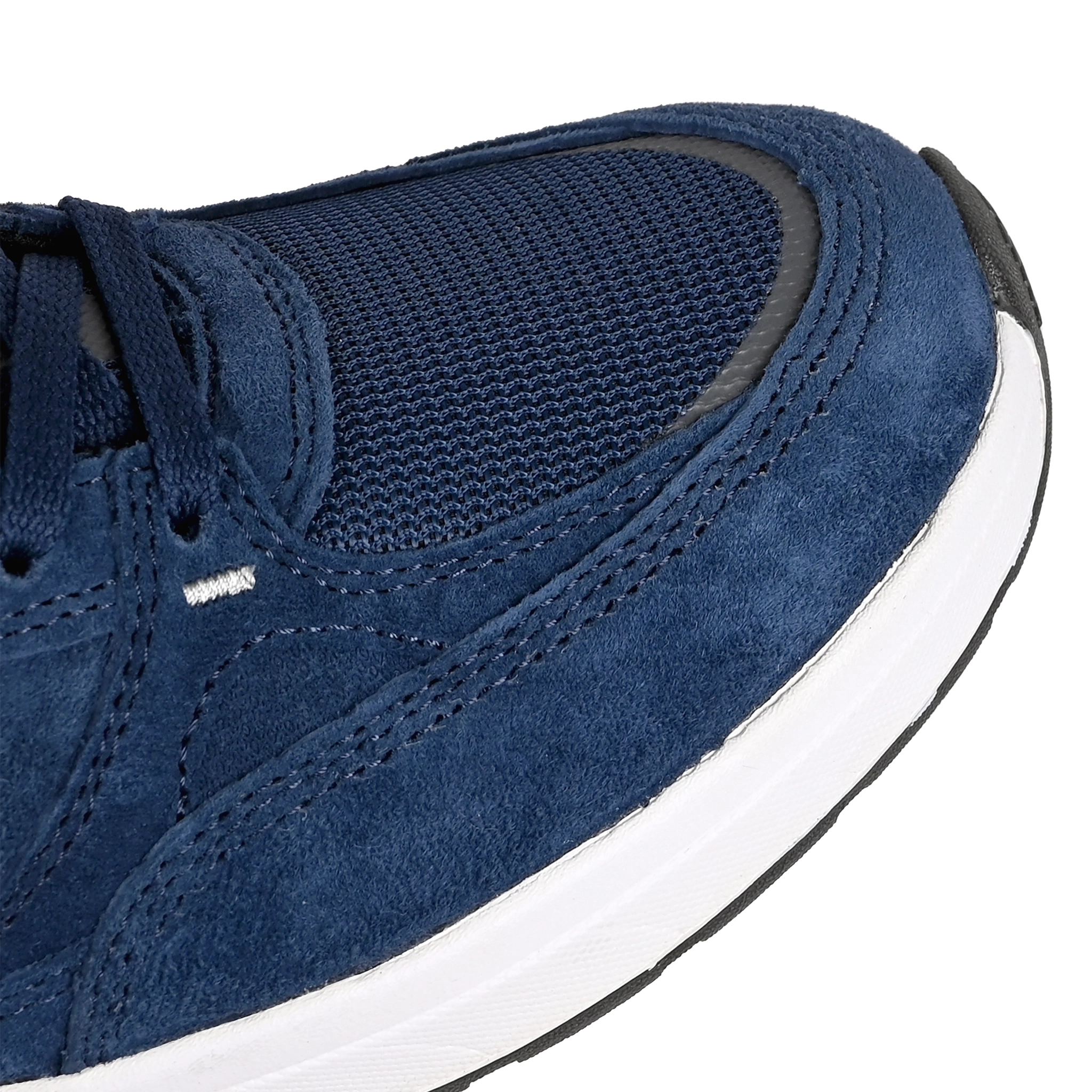 Toe box of NB navy New Balance Numeric NM933 Andrew Reynolds pro model skateboard sneaker on a white background