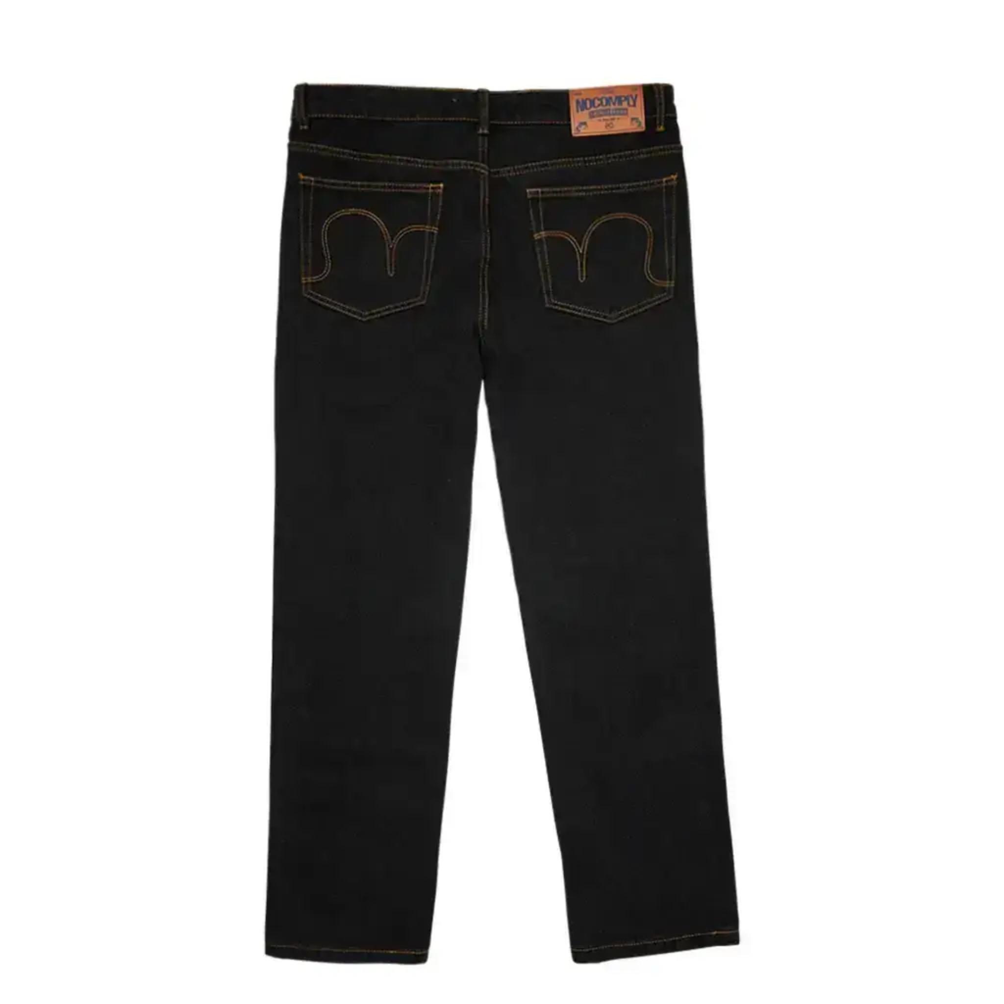 Back view of Black Wash No-Comply Regular Fit denim skate jeans on a white background