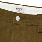 Custom button closure of Olive green No-Comply Skate Chino men's skateboard pant on a white background
