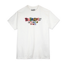 White No-Comply t-shirt with colorful text design on a white background