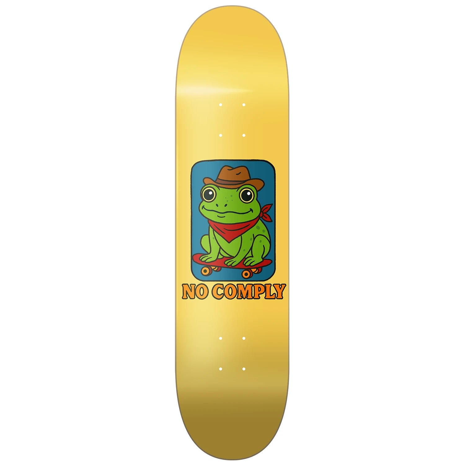 Yellow No-Comply Skateshop Skate Frog skateboard deck on a white background