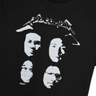 Black No-Comply t-shirt featuring four faces in screen-printed design, locally made 100% cotton from Central Texas.