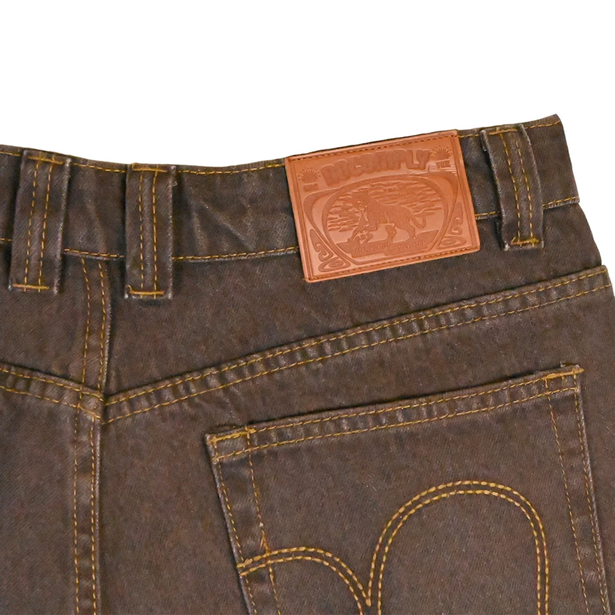 Close up back view of Brown Wash No-Comply Loose Fit denim jeans on a white background