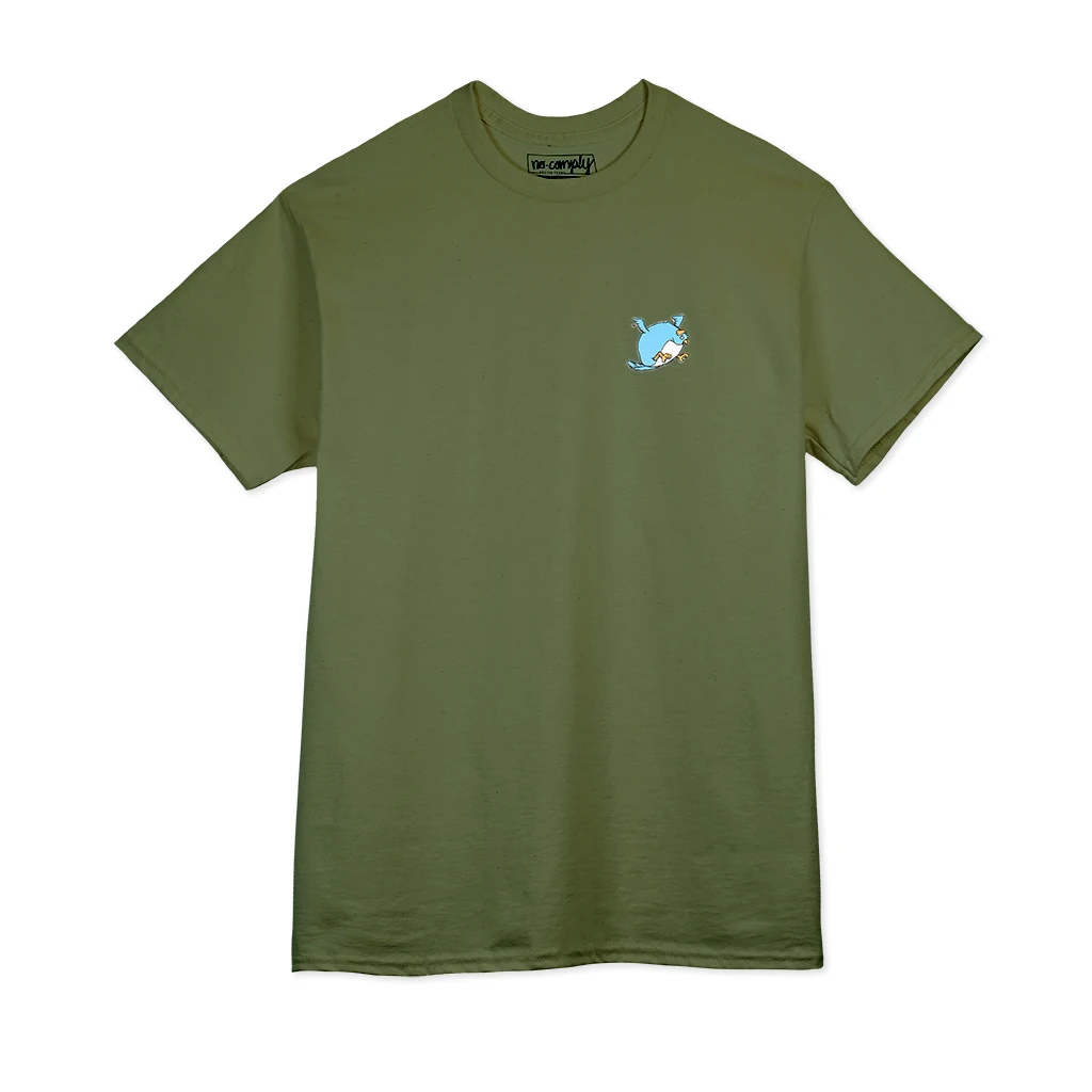 Green t-shirt with a small blue graphic on a white background