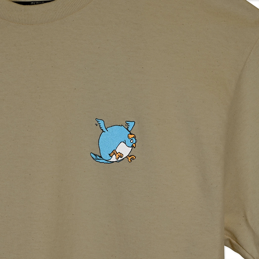 Brown t-shirt with a blue cartoon character on the chest