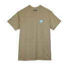 Brown t-shirt with a small blue graphic on a white background