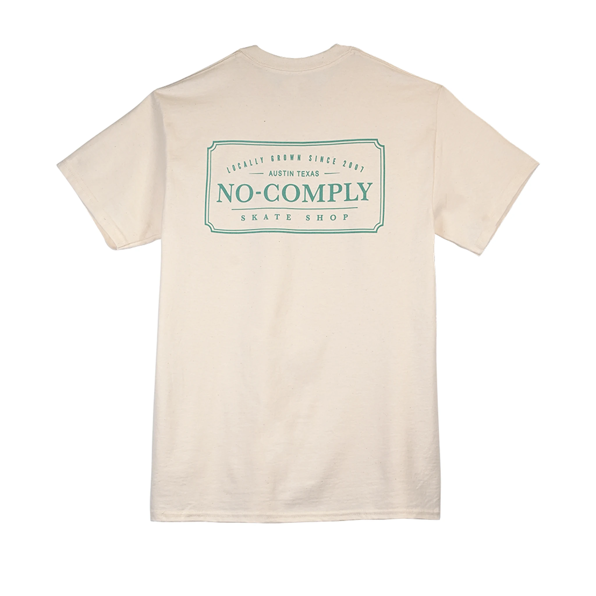 Natural color t-shirt with turquoise No-Comply with screen printed Locally Grown logo on a white background
