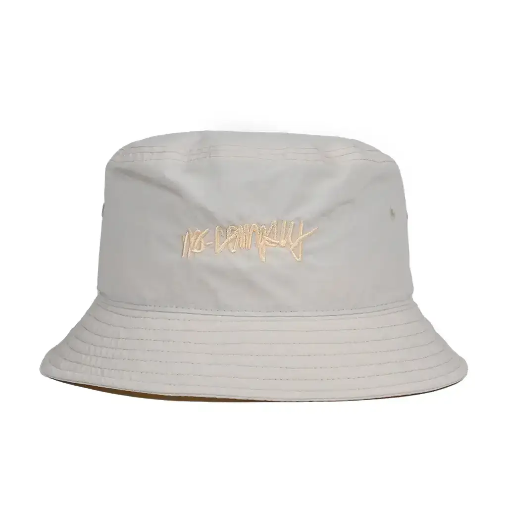 Bone No-Comply Script Check nylon bucket hat featuring embroidered logo, stylish and versatile accessory for any outfit.
