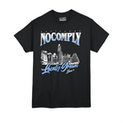 Black No-Comply Locally Grown Skyline t-shirt with Austin, TX skyline graphic on a white background