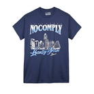 Navy No-Comply Locally Grown Skyline t-shirt with Austin, TX skyline graphic on a white background