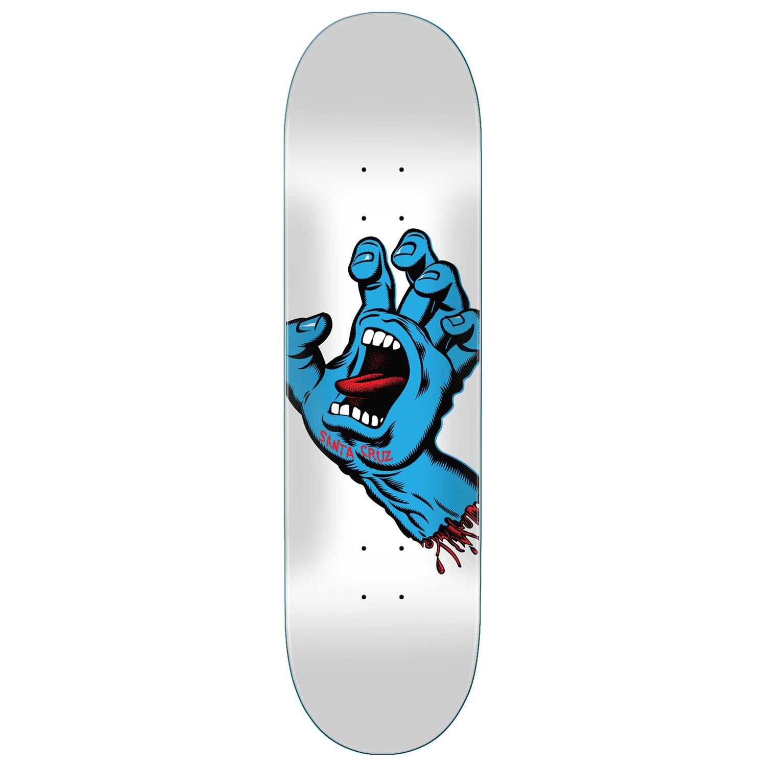Skateboard deck with a blue hand graphic on a white background