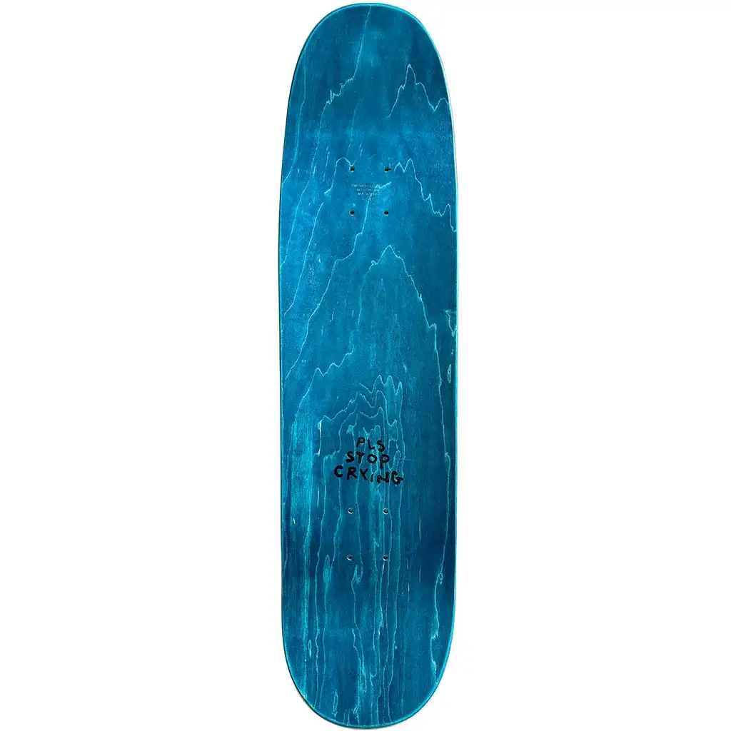 Tacky Joy Factory Disturbed Deck 8.5" x 32.125" in blue with 'Stop Crying' text, shaped deck, 14.25" WB.