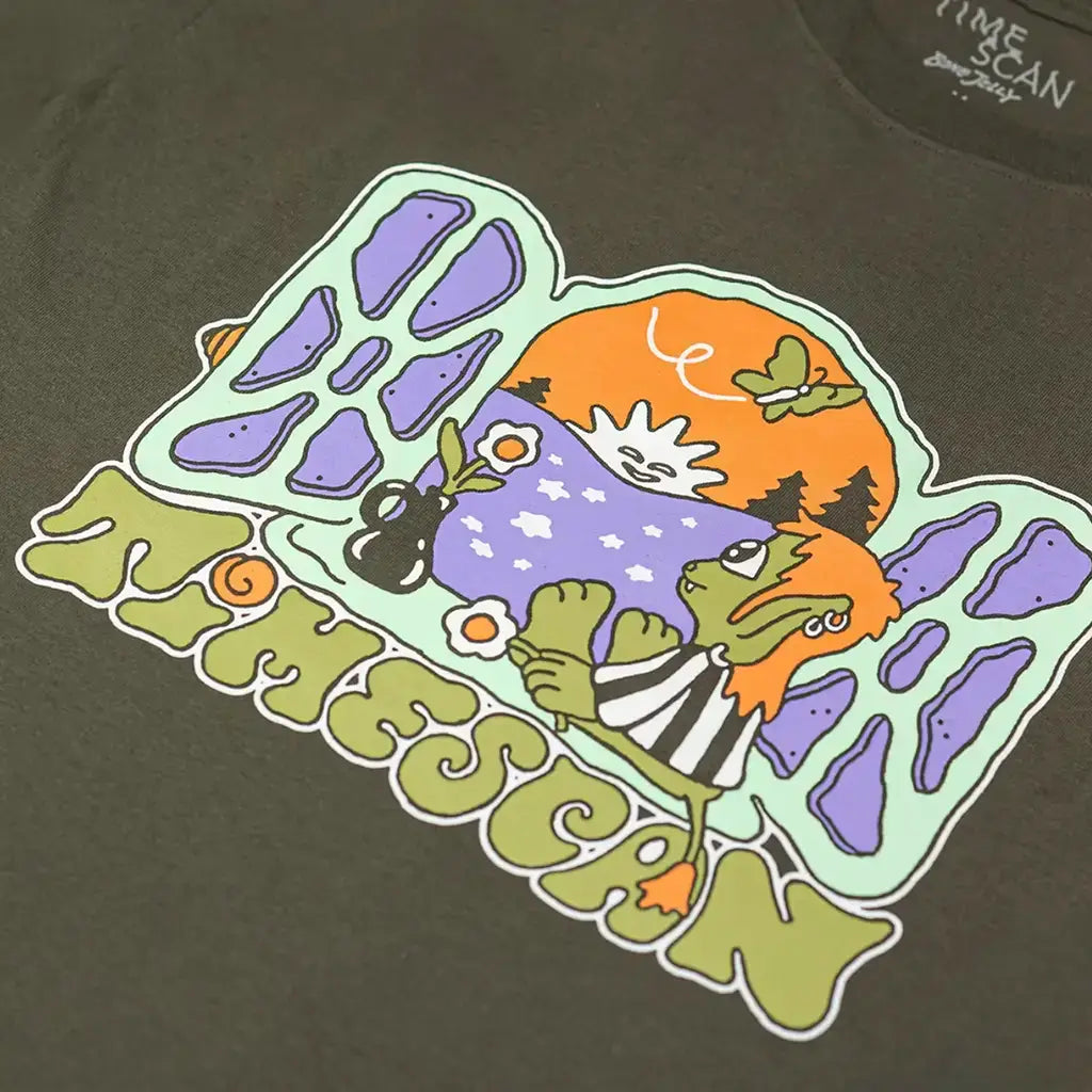Military green Time Scan Paradise tee shirt featuring a hand-screened graphic with vibrant colors.