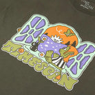 Military green Time Scan Paradise tee shirt featuring a hand-screened graphic with vibrant colors.