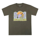 Time Scan Paradise Tee Shirt in military green with hand-screened graphic on chest featuring colorful design.