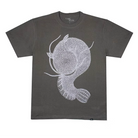 Gray Time Scan Namazu t-shirt with a white fish design on a white background