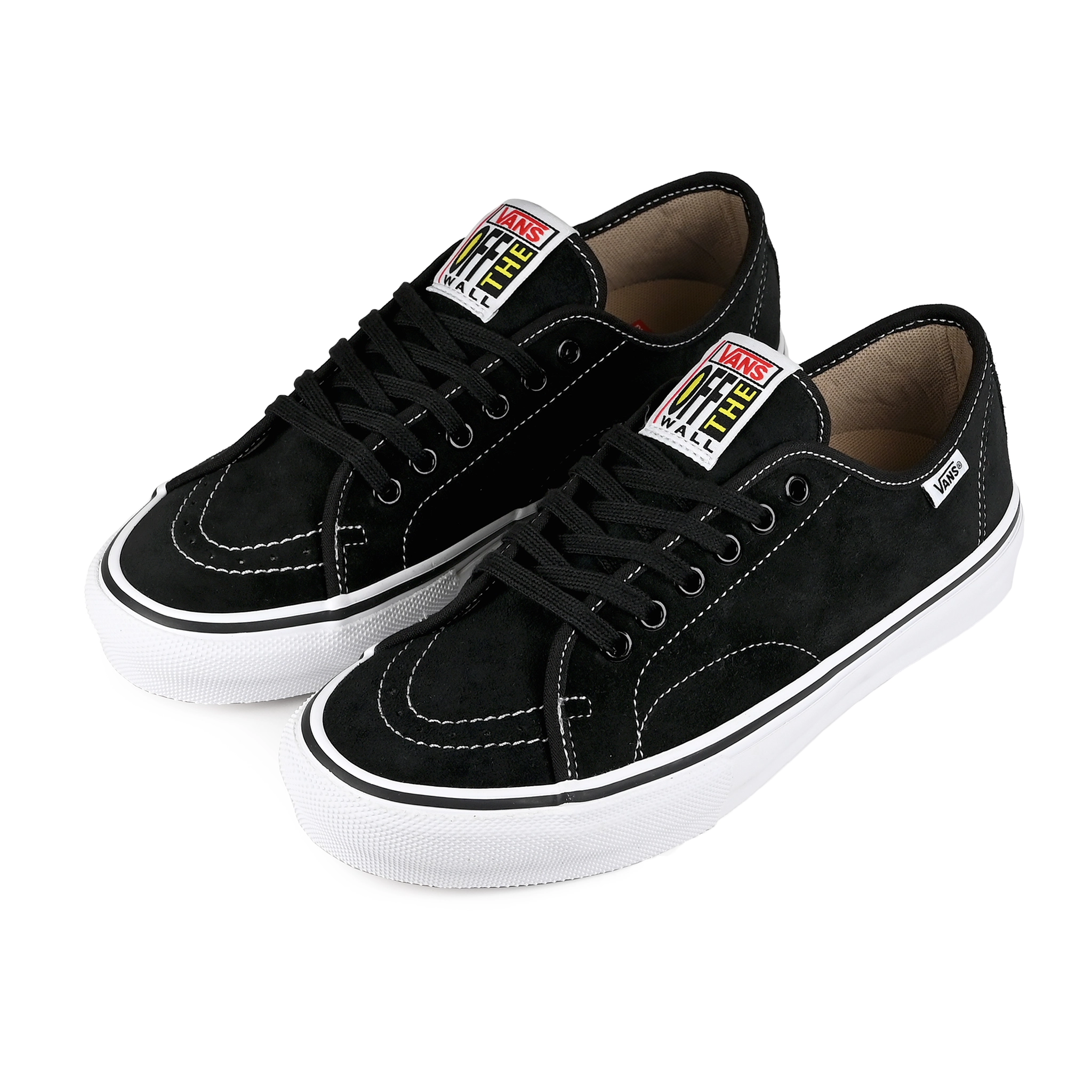A pair of Black suede Vans Skateboarding Skate AVE Classic Anthony Van Engelen pro model skateboard sneakers on a white background